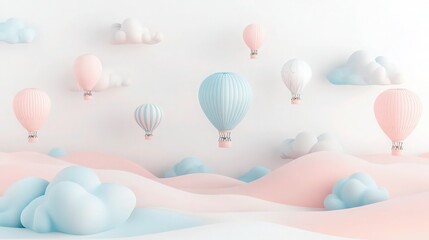A magical landscape with pastel pink and blue tones, scattered hot air balloons in soft hues, and floating clouds creating a serene, airy ambiance. 
