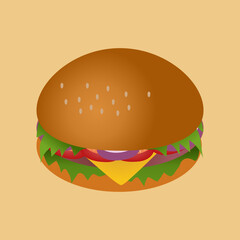 Colorful Cartoon Hamburger with Lettuce, Tomato, Onion, and Cheese
