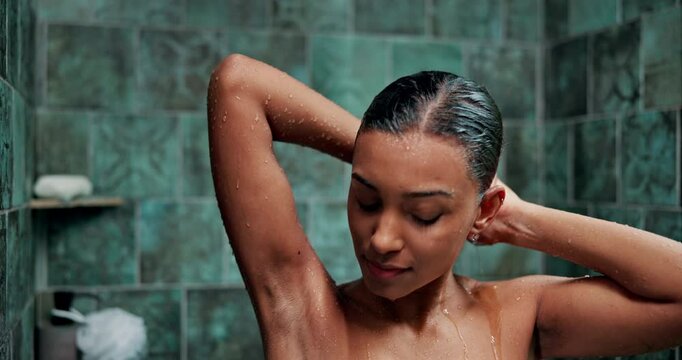 Water, bathroom and Indian woman in shower for cleaning, washing body or grooming in home. Dermatology, beauty and person with satisfaction, hygiene and daily routine for skincare, wellness or health