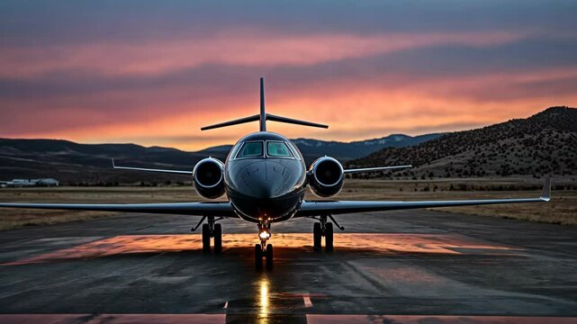 Private jet on runway at sunset with dramatic sky and mountain backdrop in a serene location