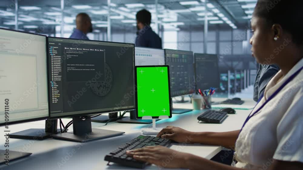 Poster programmers use isolated screen tablet in server room, developing disaster recovery plans ensuring m
