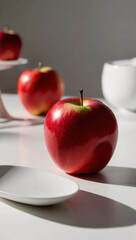 Single Red Apple on Clean White Table for Elegant Modern Style Fruit Presentation Photo