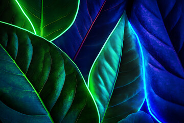 Neon green and blue lights glowing on tropical leaves, blending nature with a futuristic, glowing ambiance
