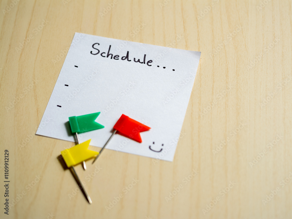 Poster organizing your daily schedule with colorful flags at home office workspace
