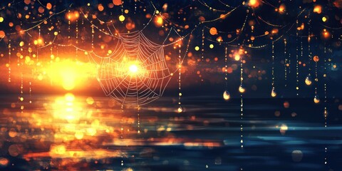 Naklejka premium A serene sunset over water, adorned with glowing lights and a spiderweb.