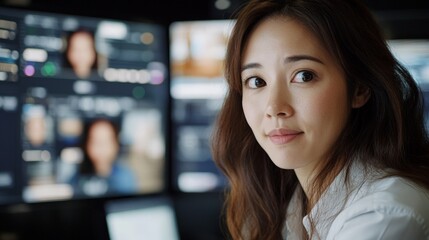 Naklejka premium Focused Professional Woman in Modern Office Environment with Screens