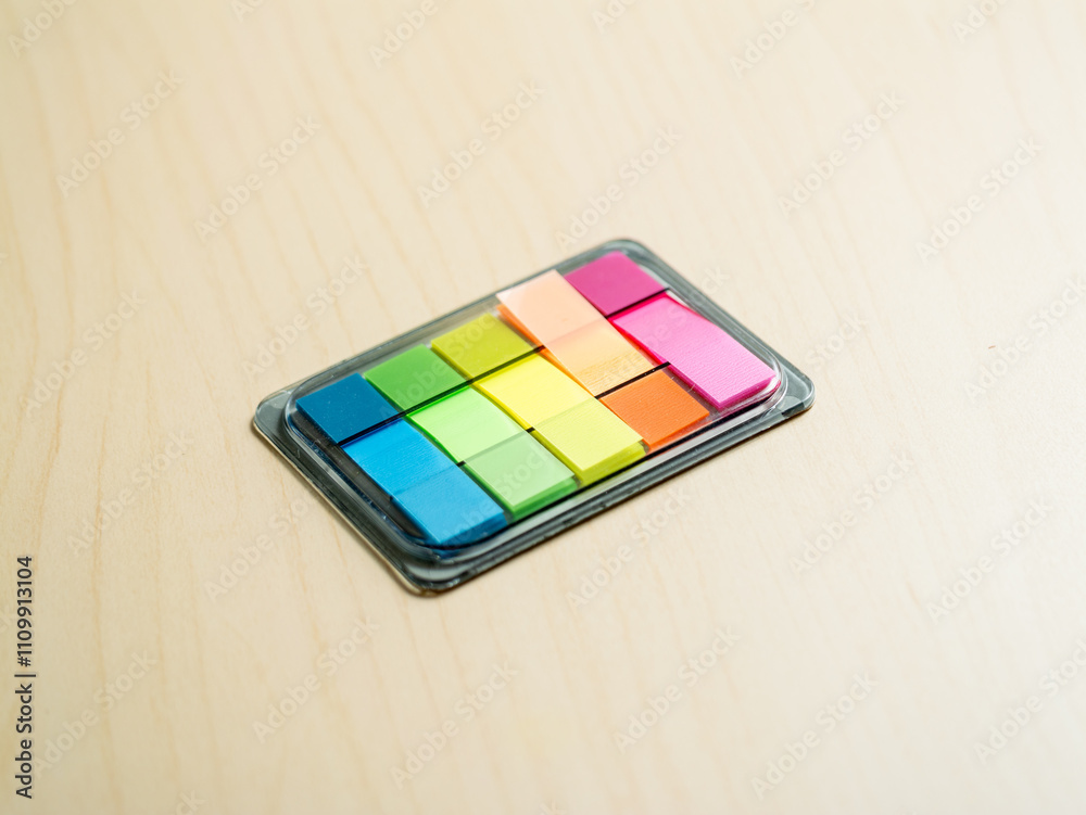 Poster Creative workspace colorful sticky notes on wooden desk for minimalist productivity