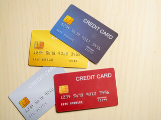 Credit card collection display home office financial management indoor close-up consumer awareness