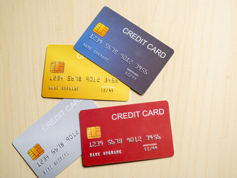 Credit card collection display home office financial management indoor close-up consumer awareness