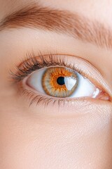 Obraz premium A close-up of a human eye showcasing vibrant brown iris, clear sclera, and well-defined eyelashes, highlighting natural beauty and detail.