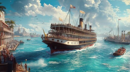 Obraz premium Vintage Steamship at Busy Harbor with Colonial Architecture and Vibrant 19th-Century Scene - Generative AI