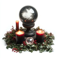A mystical setup featuring candles, a crystal ball, and greenery.
