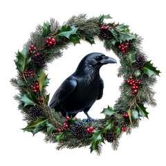 A raven perched in a festive holiday wreath adorned with greenery.