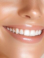 Fototapeta premium A close-up of a bright smile showcasing healthy, white teeth and smooth skin, highlighting dental health and aesthetic appeal.