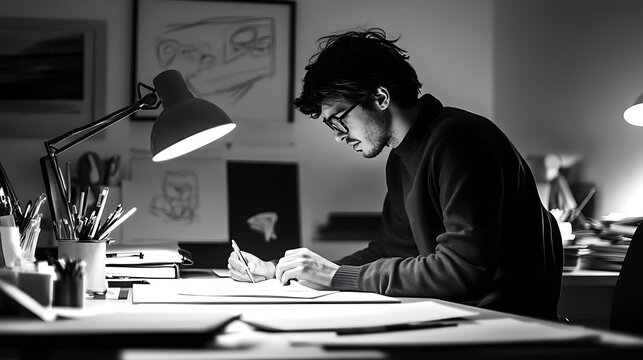 A man is sitting at a desk with a lamp on it