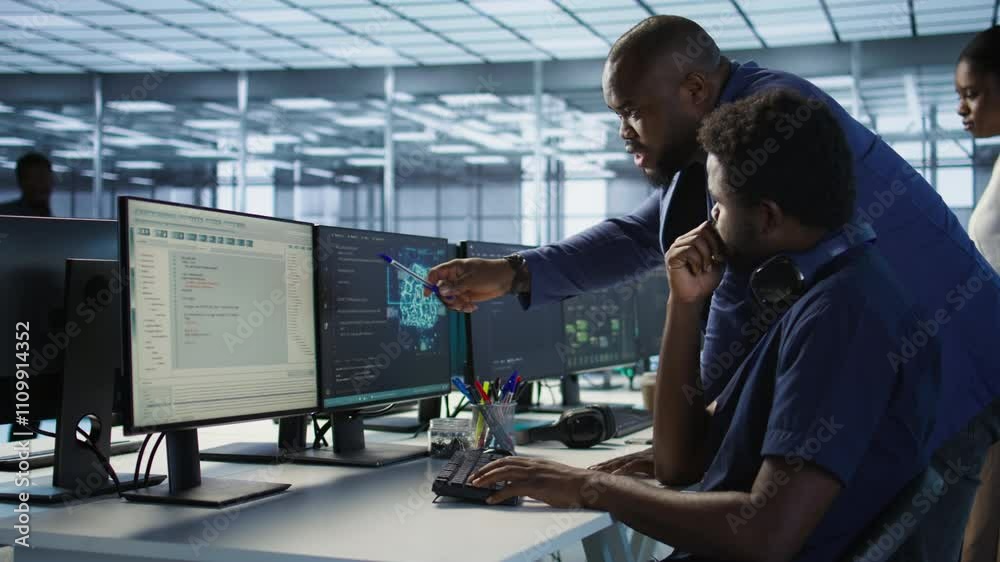 Poster data center manager helps intern implement ai predictive maintenance systems. server farm supervisor
