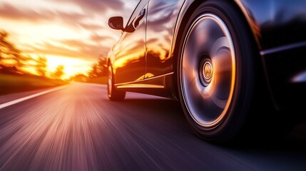 Car speeding on highway at sunset.