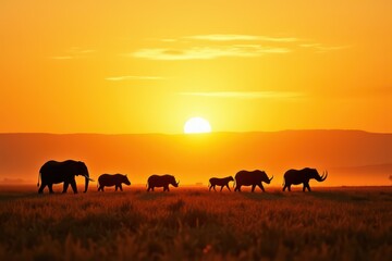 Fototapeta premium A sprawling savanna with silhoutte wild animals such as elephants, rhinos, and tigers roaming freely in their natural habitat.