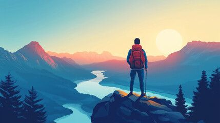 Fototapeta premium A backpacker stands on a mountaintop while enjoying the view of the river. 