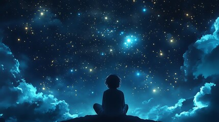 Fototapeta premium A person is sitting on a hill and looking up at the stars