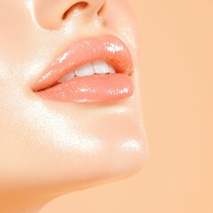 Fototapeta premium A close-up of a glossy, well-defined lip and chin area on a smooth, luminous skin background.