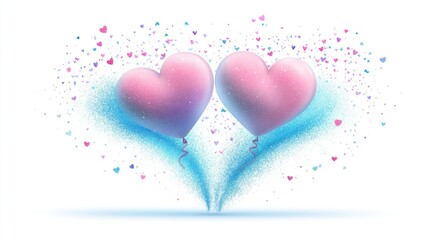 Vibrant heart-shaped balloons with colorful confetti on white background. Happy Valentine's Day. 14 february.