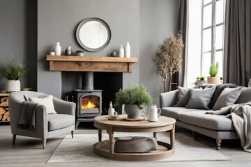 Scandinavian, hygge interior design of cozy modern living room with soft glowing fur, fluffy lamp, cup on wooden side table and natural decorative elements, including soft pillows and warm lighting.