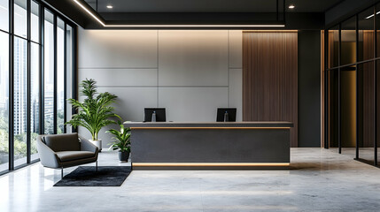 
a modern office interior design with reception desk and meeting room


