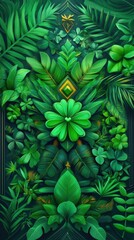 Lush green foliage with symmetrical leaf patterns and tropical vibes. Happy St. Patrick's Day. Saint Patrick