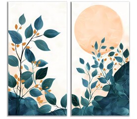Abstract art, blue and green leaves on a white marble background, trees with a light pink moon in the sky, vector illustration, 2 panels of poster design