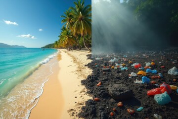 A dramatic split between two beaches: on one side, a pristine, untouched beach with clear waters and soft, golden sand, and on the other, a polluted beach covered in plastic waste, oil spills, and deb