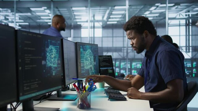 Engineer in data center implementing advanced AI driven predictive maintenance systems to proactively identify and resolve potential hardware failures before they impact operations, camera A