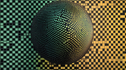 checkered sphere on a geometric background an abstract exploration