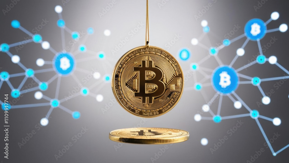 Poster golden bitcoin coin suspended in mid air with vibrant blockchain network visualized as interconnecte