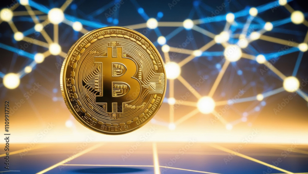 Poster golden Bitcoin coin suspended in mid air with vibrant blockchain network visualized as interconnected glowing nodes in background, creating futuristic cyber grid setting