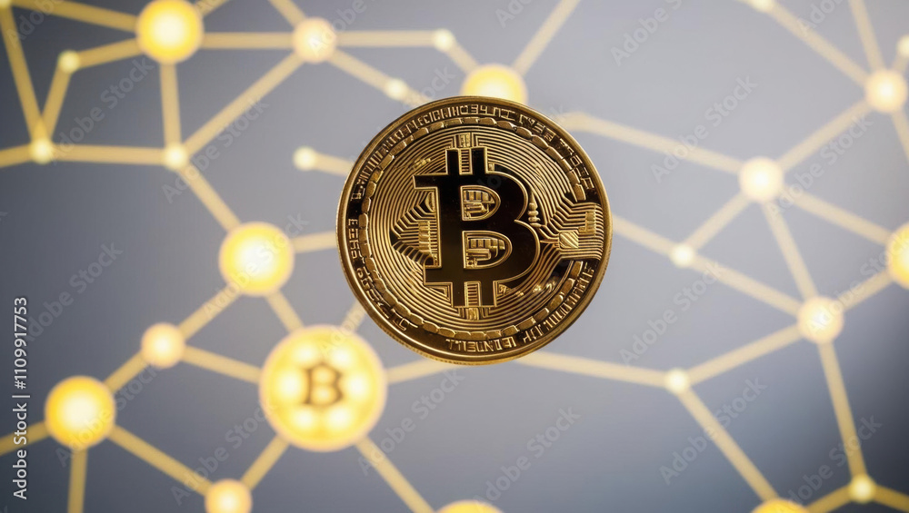 Poster golden bitcoin coin floats in mid air, surrounded by vibrant blockchain network visualized as glowin