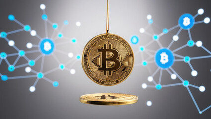 golden Bitcoin coin suspended in mid air with vibrant blockchain network visualized as interconnected glowing nodes in background, creating futuristic cyber grid setting