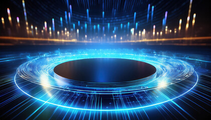 conceptual art piece featuring glowing empty circle product stand surrounded by vibrant light trails and digital effects, creating futuristic atmosphere