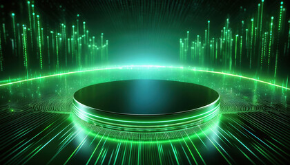 conceptual art piece featuring empty circular product stand illuminated by vibrant green lights, creating futuristic atmosphere