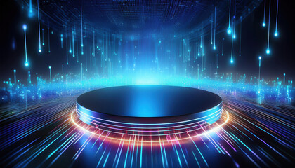 vibrant conceptual art piece featuring empty circular product stand illuminated by glowing lights and dynamic lines, creating futuristic atmosphere