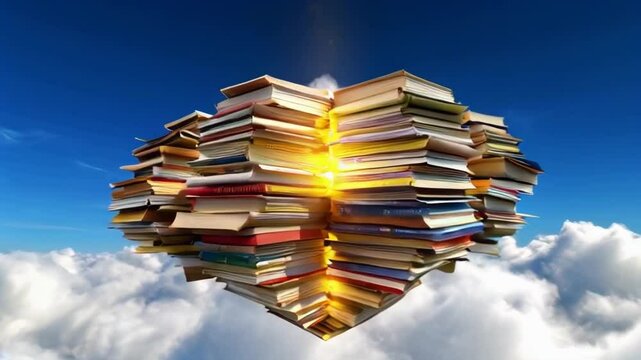 A heart made of books is floating in the sky. The heart is made of many books stacked on top of each other, and it is surrounded by clouds. Concept of wonder and imagination