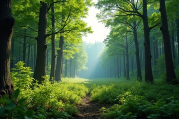 Obraz premium A lush, regenerating forest with young saplings growing strong amidst taller trees that have begun to reestablish their canopy.