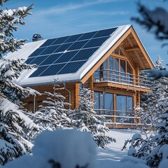 Solar panels on the roof of a house on the forest, winter photo