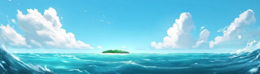 Obraz premium A serene tropical island surrounded by calm blue waters and fluffy clouds in a bright sky.