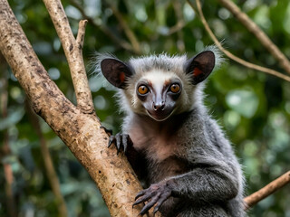 Obraz premium Aye-Aye: A rare lemur found only in Madagascar, the aye-aye is known for its unusual appearance and long, thin middle finger used to extract insects from tree bark.