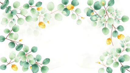 A Delicate Watercolor Illustration of Eucalyptus Branches with Golden Leaves, Creating a Frame for Your Design