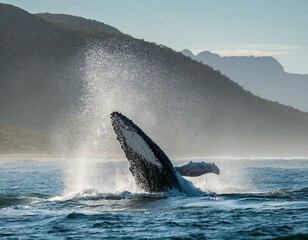 Fototapeta premium A Humpback whale raises its powerful tail over the water of the Ocean. The whale is spraying water. Scientific name: Megaptera novaeangliae. South Africa.
