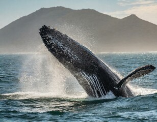 Fototapeta premium A Humpback whale raises its powerful tail over the water of the Ocean. The whale is spraying water. Scientific name: Megaptera novaeangliae. South Africa.