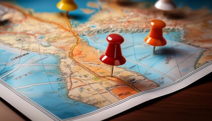 Planning a trip? Colorful push pins mark destinations on a detailed map.
