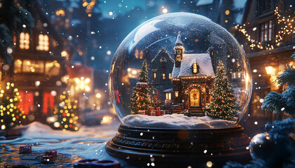 Fototapeta premium Snow globe. A snowstorm is present while a Christmas decoration is depicted in a glass Christmas globe. The background is an exquisite bokeh. 